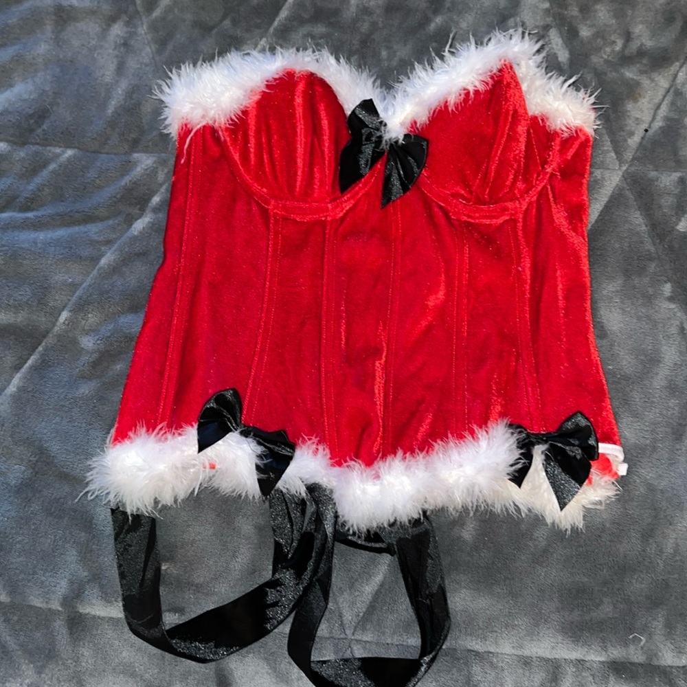 Women’s top corset Christmas holiday Santa costume with white feathers size L